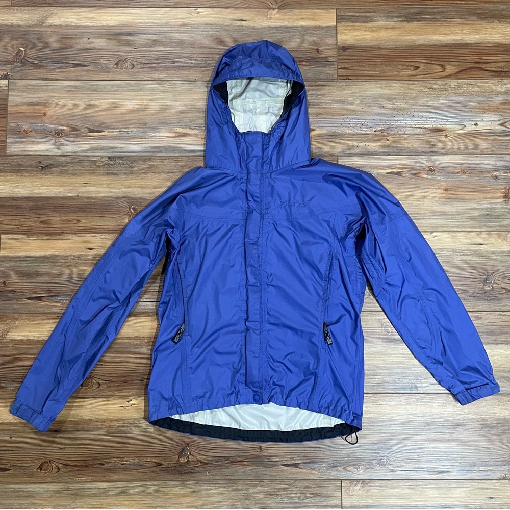 Marmot Nylon Hooded Rain Windbreaker Jacket Women’s Size Small Blue Coat